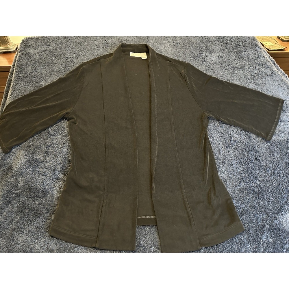 Chicos Travelers Women Black 3/4 Sleeve Open Front Slinky Pockets Cardigan SZ 1